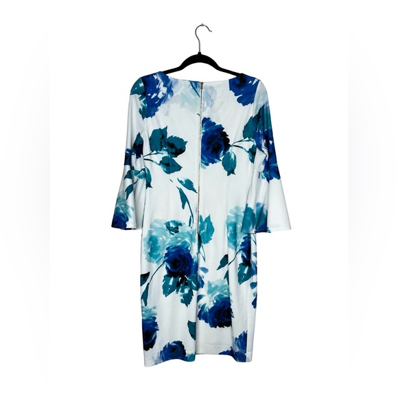 Calvin Klein floral bell-sleeve sheath dress white blue floral pattern - Picture 8 of 12